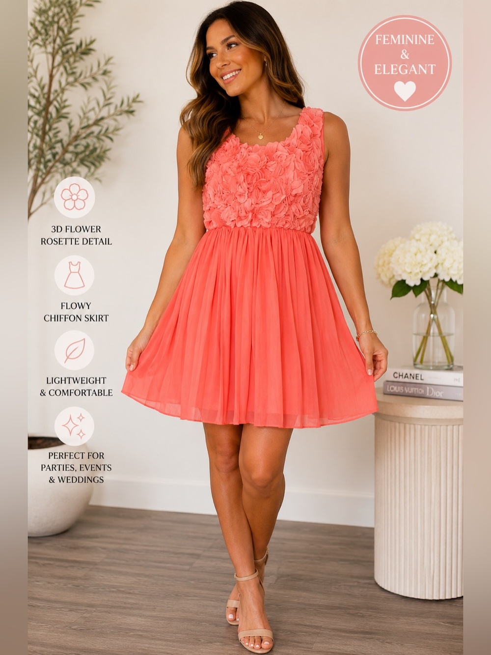 Katie Coral Pink Rosette 3D Flower Party Dress